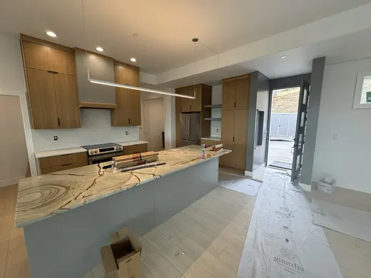 Slab wood cabinets, a gray island and a recessed wood-trimmed niche, view 12.