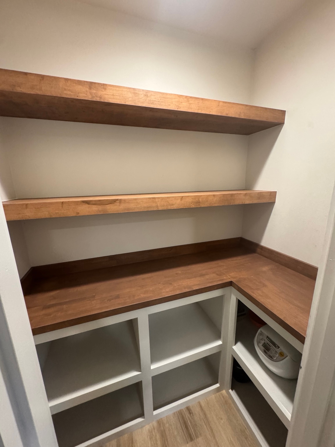 Pantry shelving and corner wood counter
